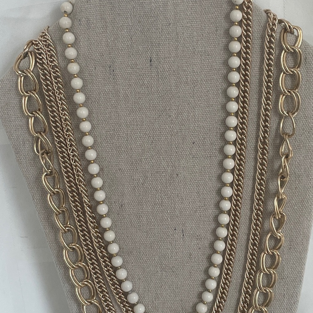 Gold Multi-Strand Multi Length Necklace w/White Beads - Women Jewelry - Trio set - Picture 6 of 11